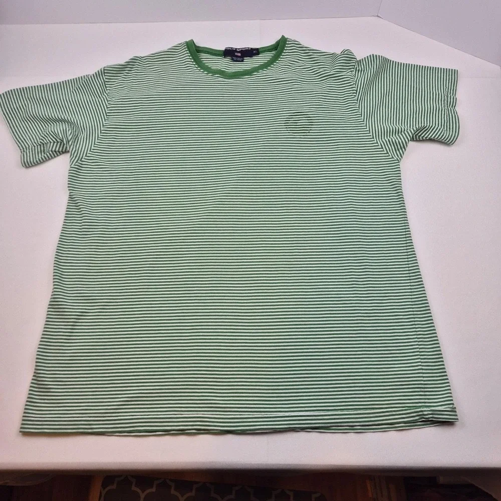 Polo Sport Ralph Lauren Men's XL Green Stripe Tee Vtg 90s‎ USA Flag Faded Logo